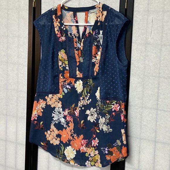 Daniel Rainn V Neck Sheer Keyhole Back Dot & Floral Top Navy Orange S Sleeveless - Picture 4 of 14